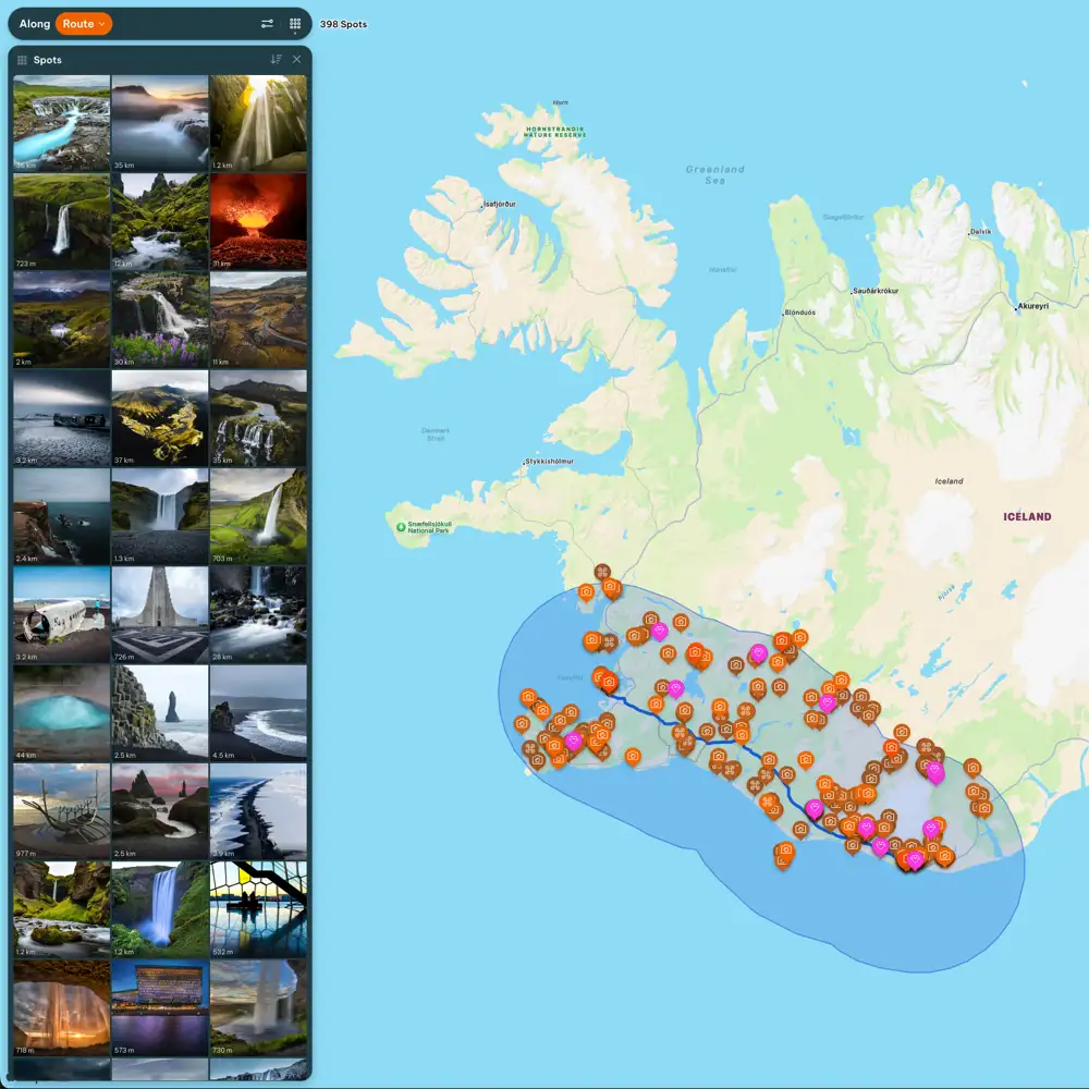 Along Route on the website: spots along a road trip in a photo grid and on the map
